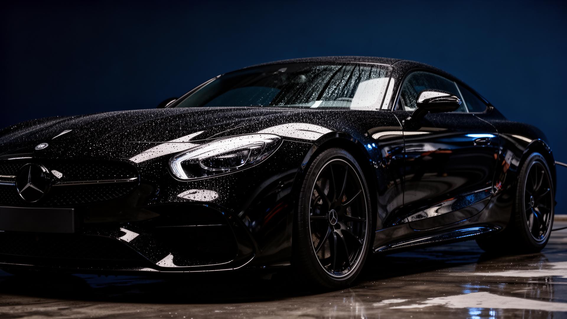Detailaufnahme eines hochglanz-polierten Premium-Fahrzeugs